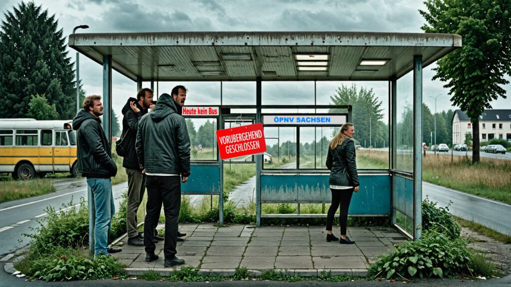 Verlassene Bushaltestelle mit Wutbuergern